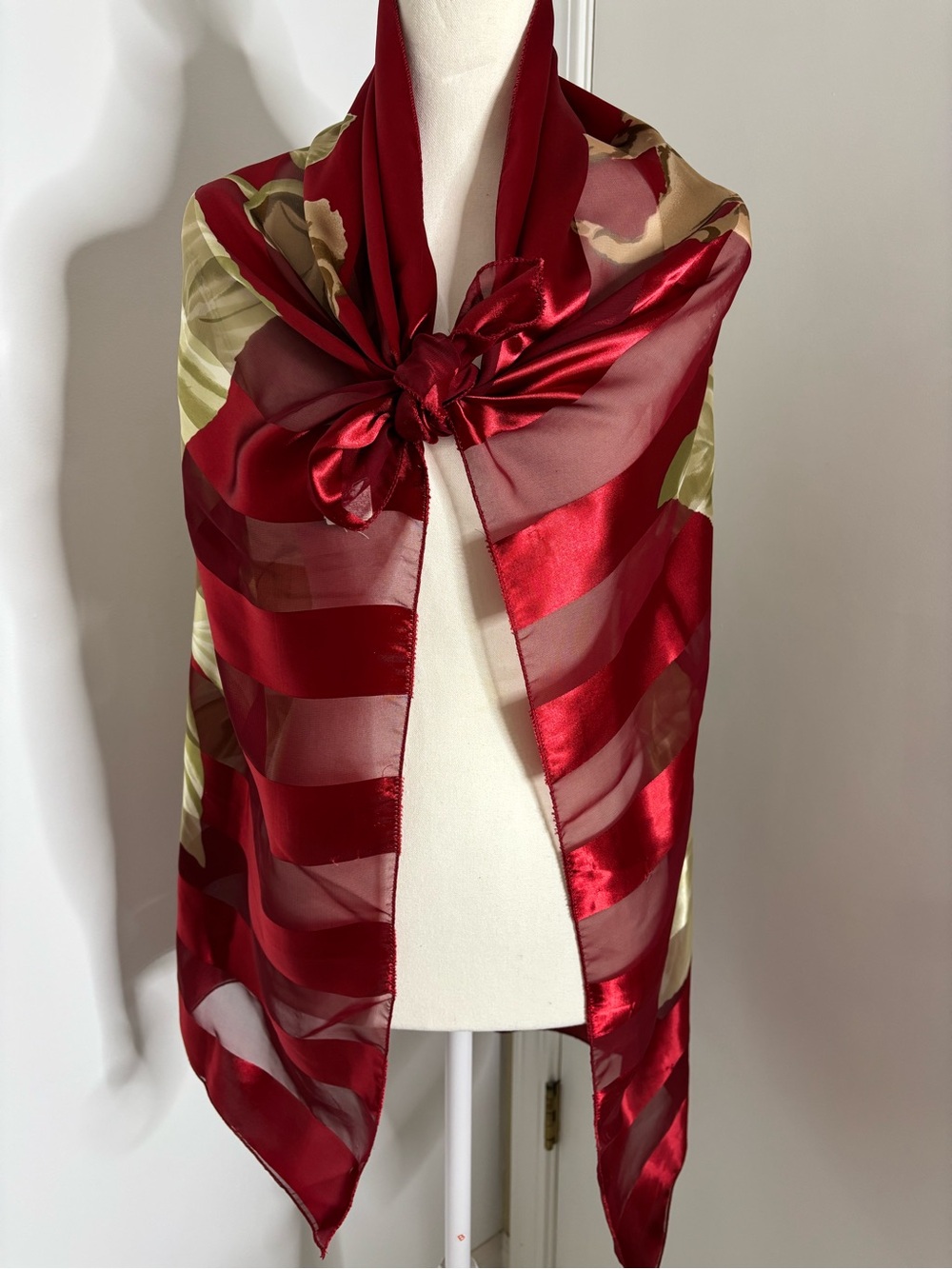Vintage Women’s Red Sheer Satin Striped Scarf Wrap